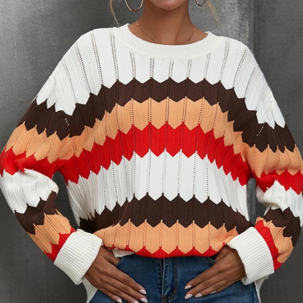 Cozy Color block oversized striped knit sweater Top - Picture 1 of 5